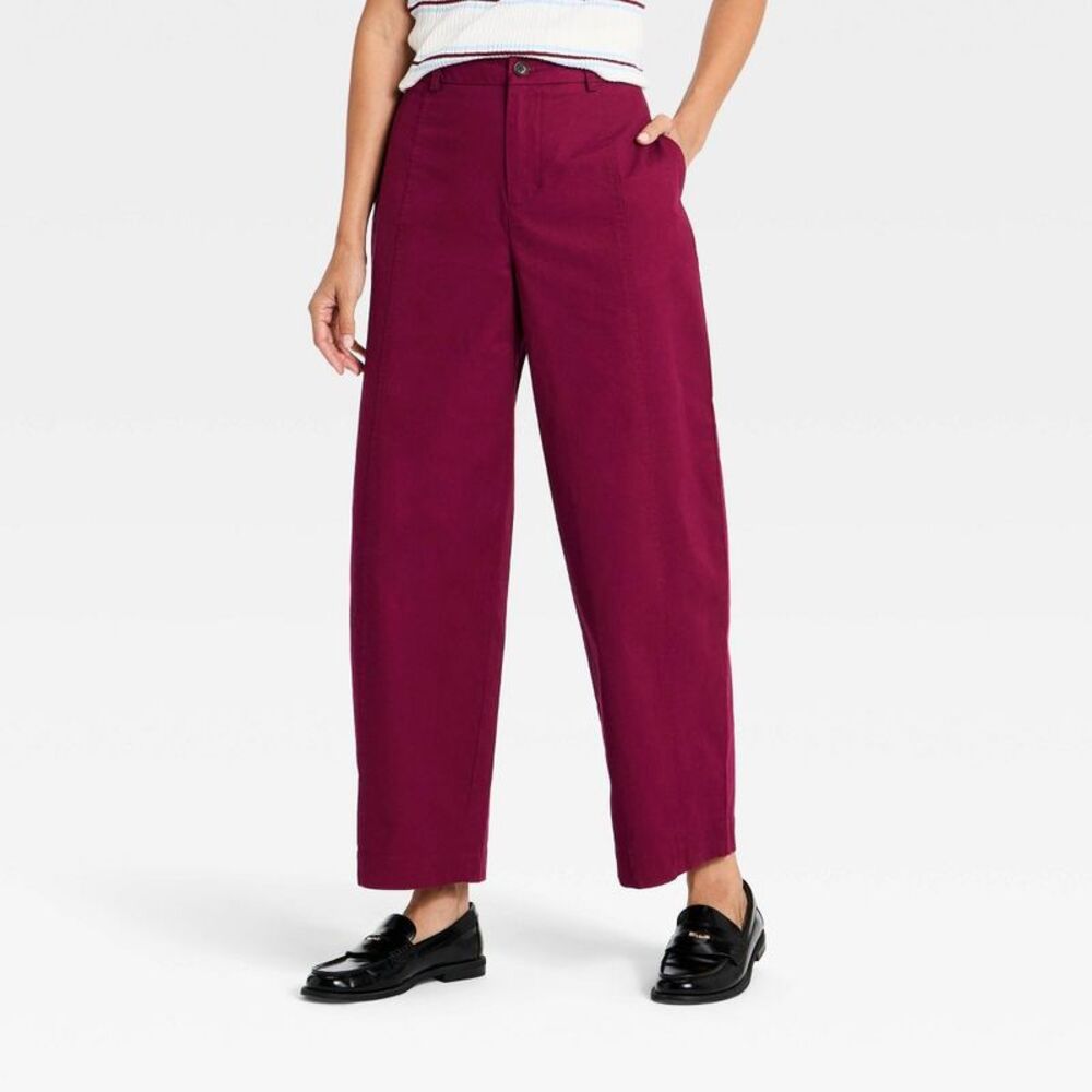 Women's High-Rise Twill Barrel Pants - A New Day Burgundy 16